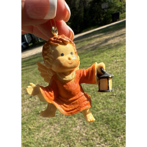 Vintage Cherub Angel Holding Lantern Christmas Ornament Hard Plastic Holiday MCM